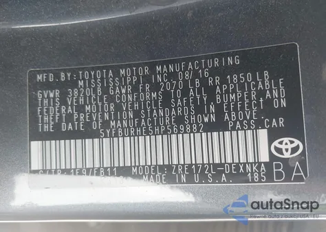 2017 Toyota Corolla Le from USA, damaged, VIN 5YFBURHE5HP569882